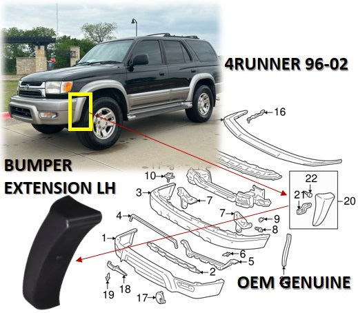 4RUNNER 96-02 FRONT LEFT BUMPER EXTENSION PLASTIC BLACK COLOR OEM GENUINE