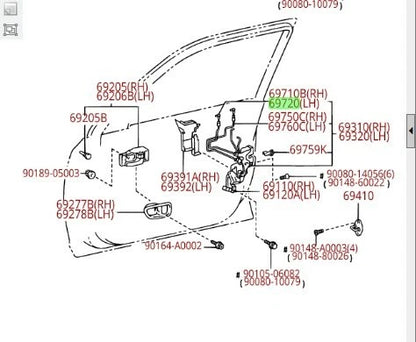 TOYOTA 00-04 AVALON LEFT DRIVER FRONT DOOR OPEN CONTROL LINK CABLE 69720-AC010