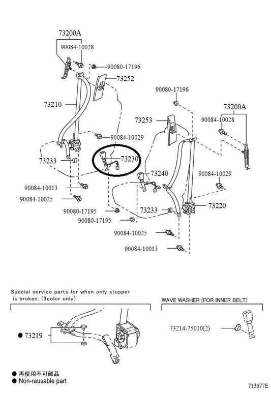 05-10 AVALON RH FRONT SEAT BELT BUCKLE OEM 73230-AC090-B1