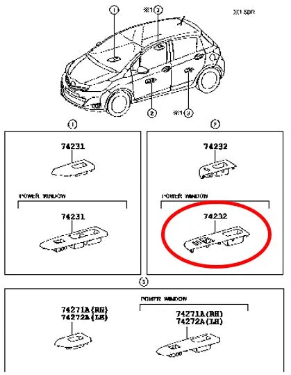 Genuine OEM Toyota Yaris 2012-2014 Left Front Door Switch Panel Base 74232-52550