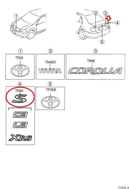 Toyota Corolla Matrix 2003-2008 Genuine S Rear Trunk Emblem 75444-1A800