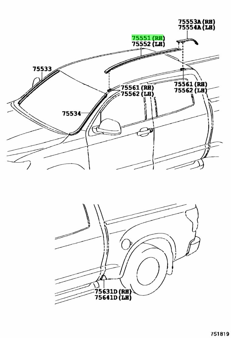 OEM Toyota 07-18 Tundra Duble Cab Roof-Drip Molding Passenger Side 75551-0C050