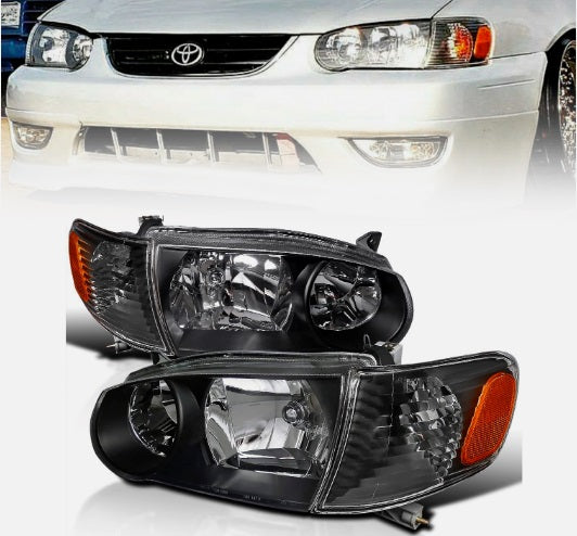 FIT For 2001-2002 Toyota Corolla Headlight Headlamp Black+Corner Left+Right 4 Pc