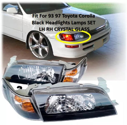 Fit For 93 97 Toyota Corolla Black Headlights Lamps SET LH RH CRYSTAL GLASS