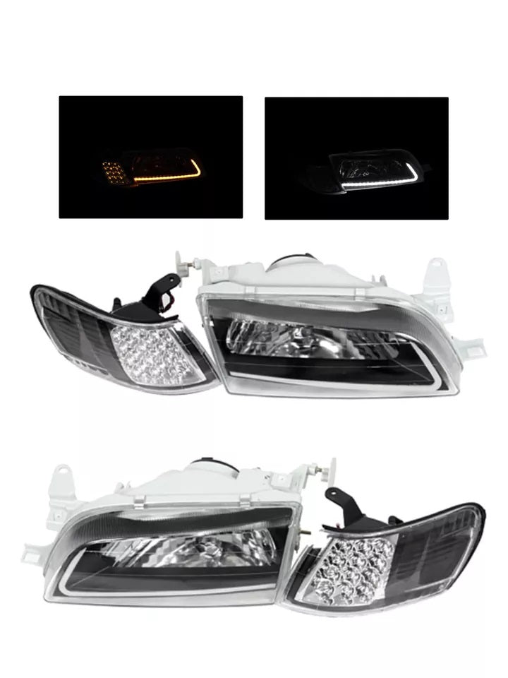 TOYOTA COROLLA 93-97 HEADLIGHTS LED SET BLACK AE100 101 AND CORNER LIGHT LED