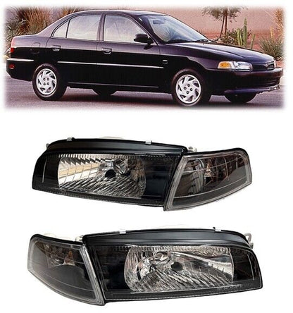 FOR 97-02 MITSUBISHI LANCER MIRAGE EVO 4 BLACK JDM HEADLIGHT+CORNER BLACK HOUSIN