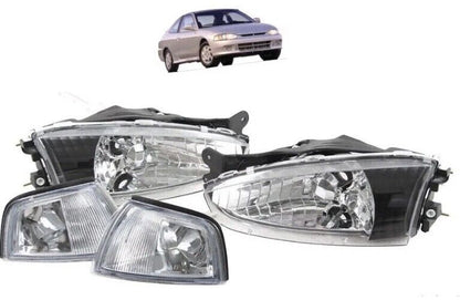 For 1997 2001 Mitsubishi Mirage 2Dr Coupe Headlights With Corner Black Set 4pcs