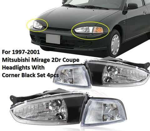 For 1997 2001 Mitsubishi Mirage 2Dr Coupe Headlights With Corner Black Set 4pcs