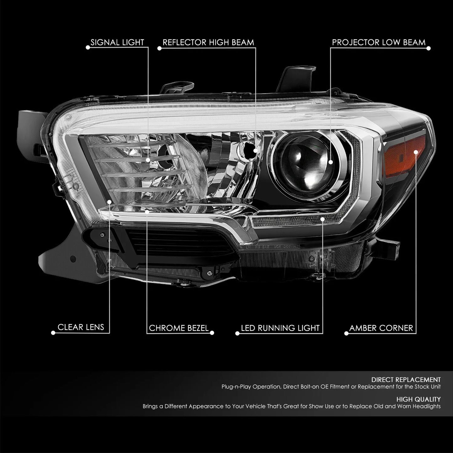 [LED DRL]For 16-23 Toyota Tacoma Chrome Bezel Amber Corner Projector Headlights