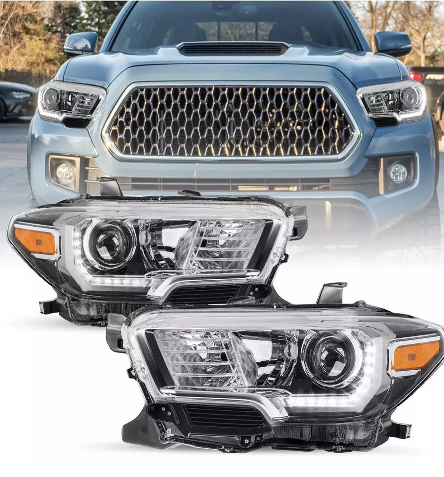 HEADLIGHTS LED DRL HEADLAMP LEFT+RIGHT 2016-2023 TOYOTA TACOMA SET CHROME BEZEL