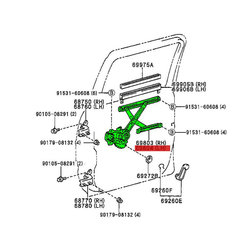 Regulator Sub-Assy, Rear Door Window, LH Hilux 97-03 OEM GENUINE 69804-35050